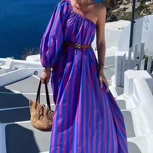 Women's Striped Print Sexy One Shoulder Vacation Style Maxi Dress